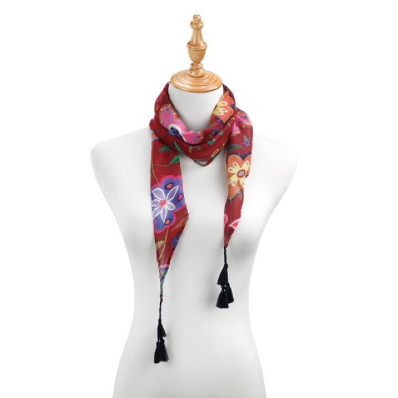 🆕AUCTION PRICE👩🏻‍⚖️ JM Tasseled Skinny Scarf - Maroon Flower Garden - Picture 1 of 2